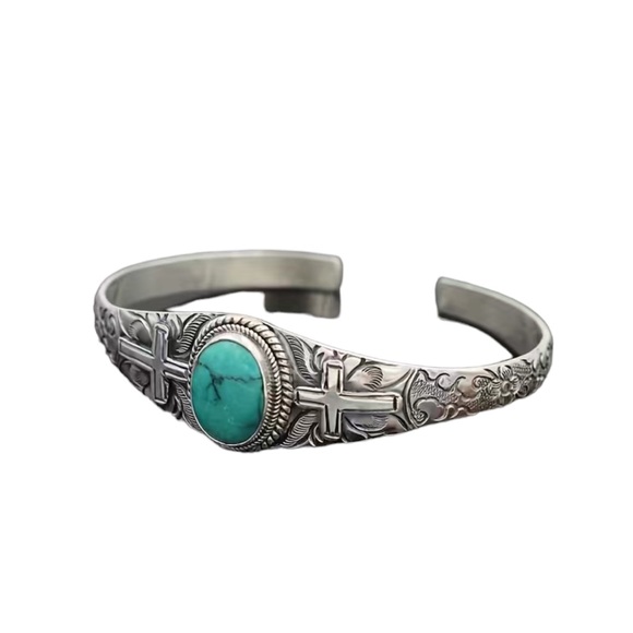 Adjustable Silver Designed Turquoise Cuff Bracelet - Picture 3 of 6